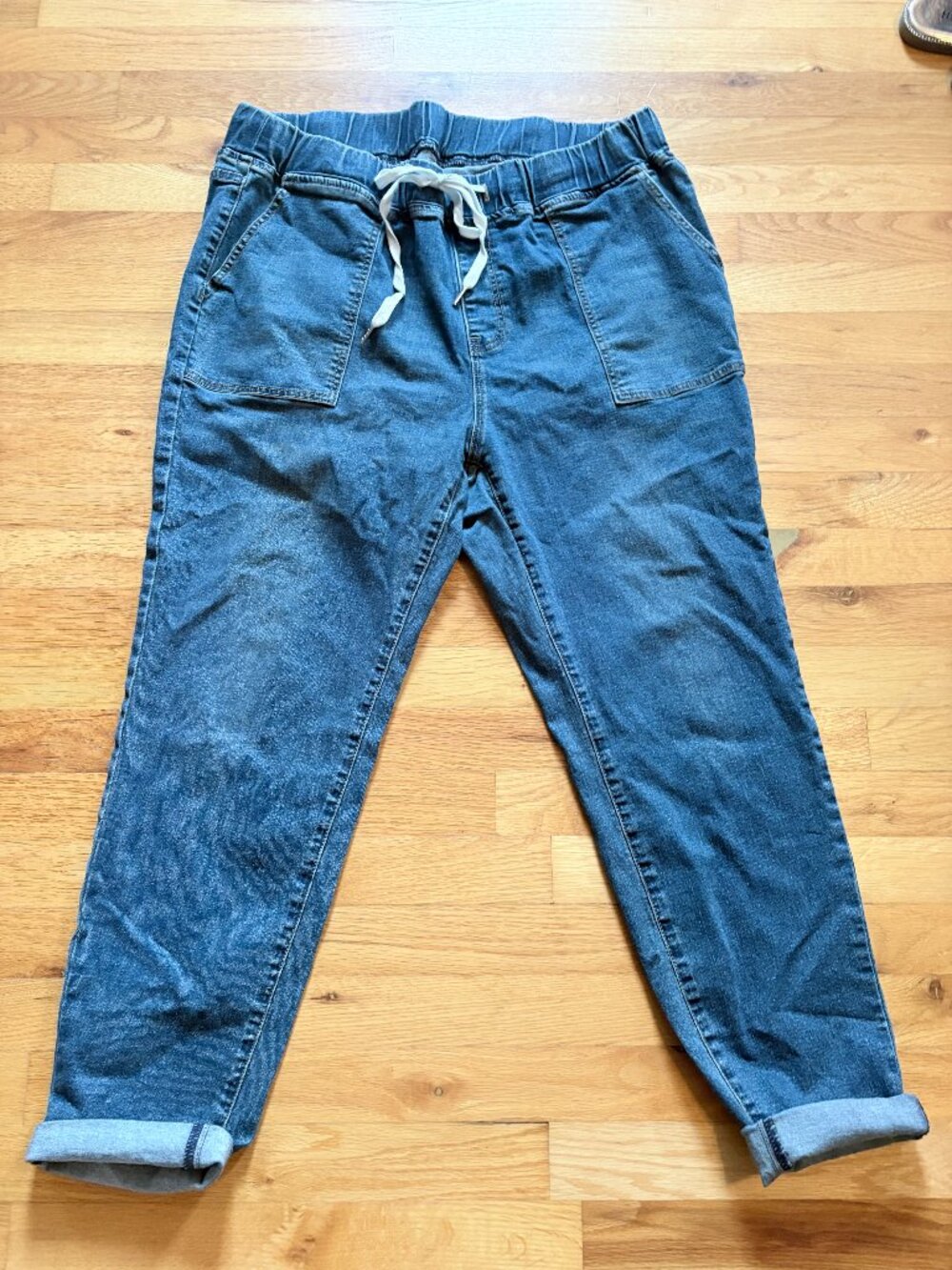Pull-On Drawstring Folded Hem Boyfriend Jeans